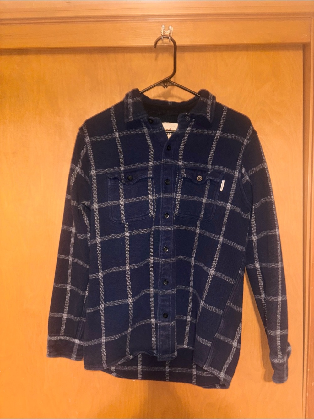 Hollister Mens Small Navy Blue Grid Plaid Flannel Button Up Shirt Long Sleeve